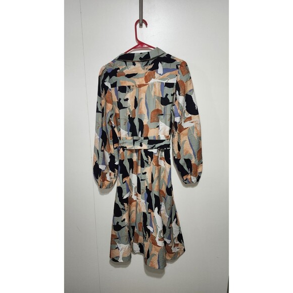 Nine West Patchwork Midi Dress Small Belted Long Sleeve Button Down Collared - Picture 7 of 13